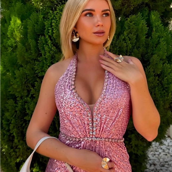 Pink Sequin Ruched Halter Gown - Picture 4 of 10